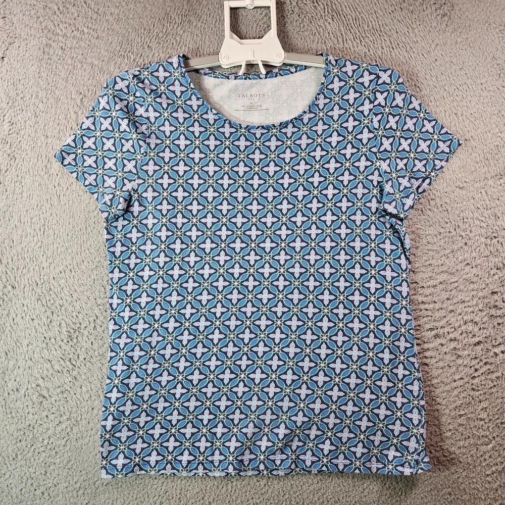 The‎ Talbots Tee Top Women Medium Geometric Short Sleeve Blue Purple Tone